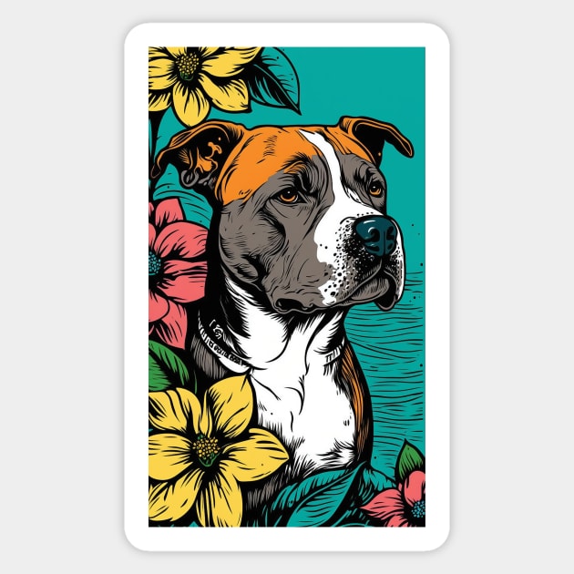 American Staffordshire Terrier PitBull Dog Vibrant Tropical Flower Tall Retro Vintage Digital Pop Art Portrait 4 Sticker by ArtHouseFlunky